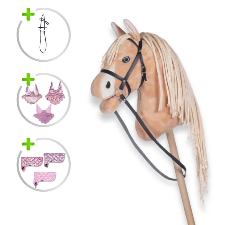 HKM Hobby Horse Bundle - Pferd Hellbraun, Decke + Fliegenhaube