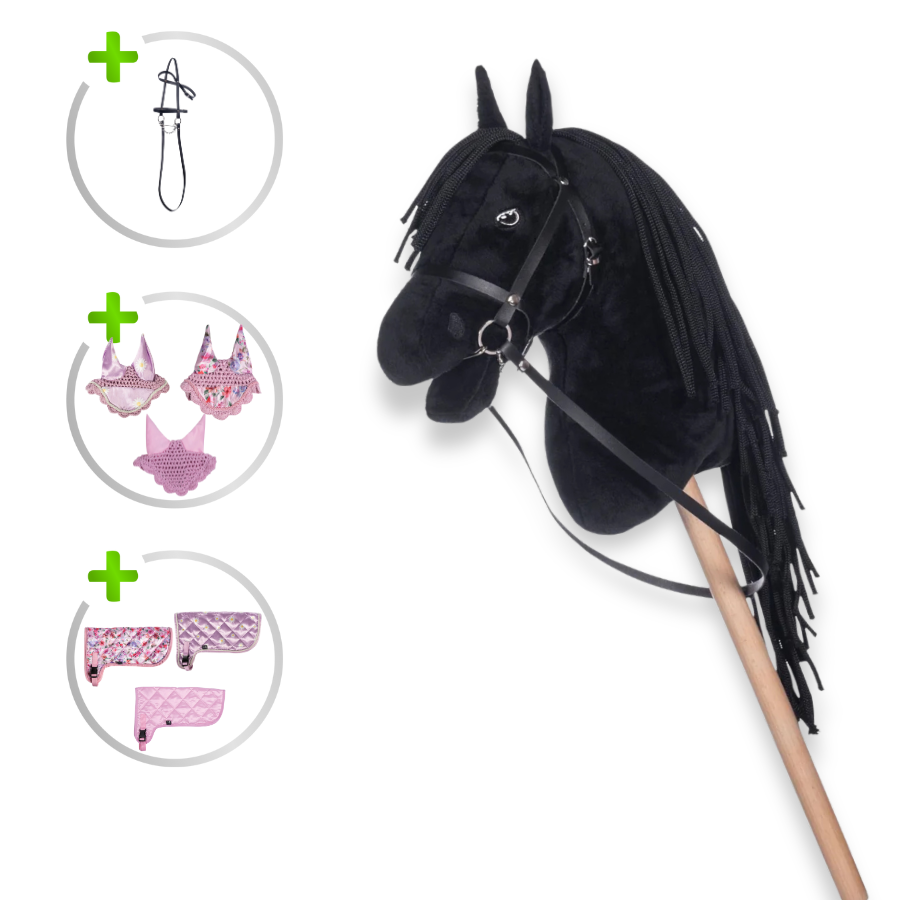HKM Hobby Horse Bundle - Pferd Schwarz, Decke + Fliegenhaube