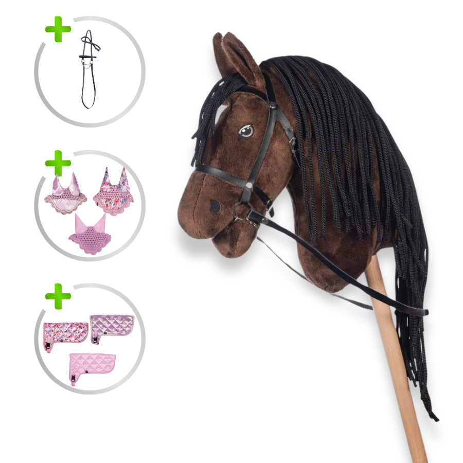 HKM Hobby Horse Bundle - Pferd Braun, Decke + Fliegenhaube