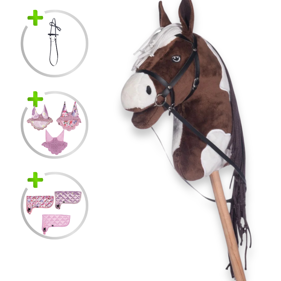 HKM Hobby Horse Bundle - Pferd Braun-Weiß, Decke + Fliegenhaube