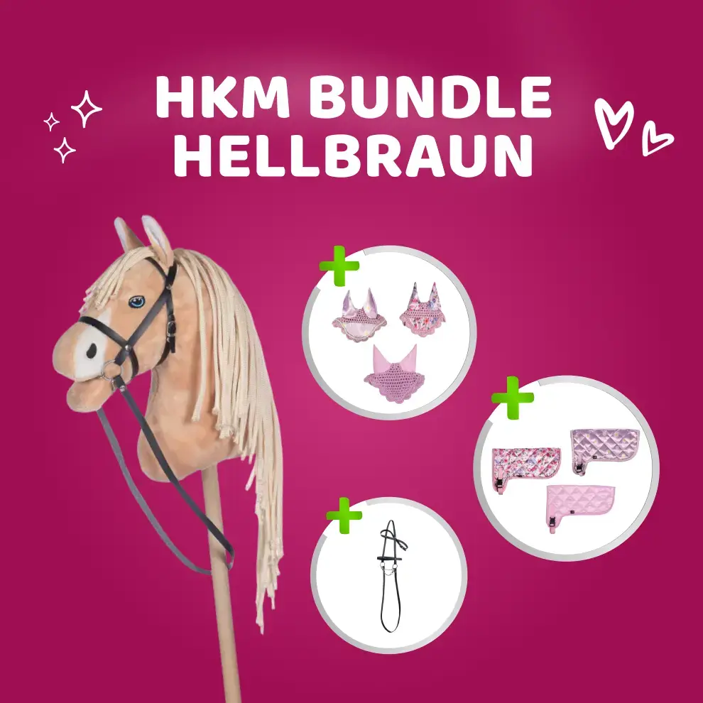HKM Hobby Horse Bundle - Pferd Hellbraun, Decke + Fliegenhaube