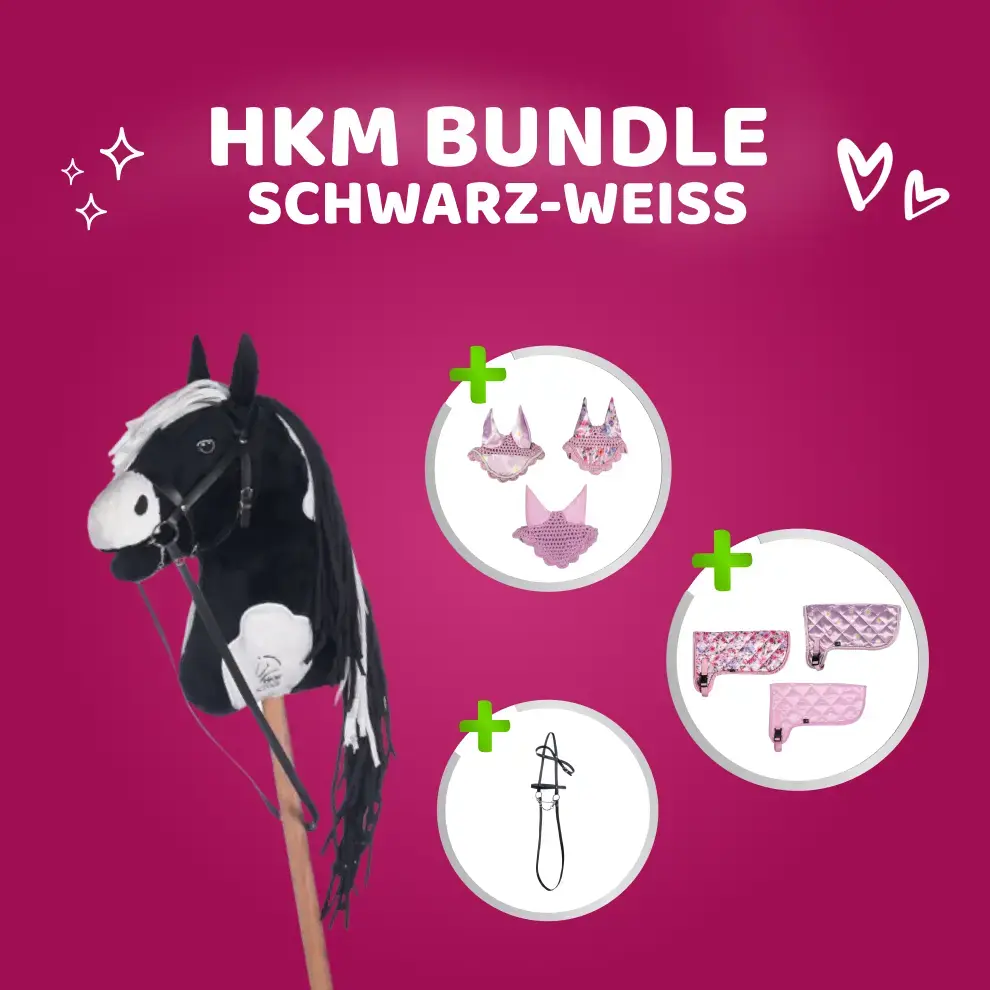 HKM Hobby Horse Bundle - Pferd Schwarz-Weiß, Decke + Fliegenhaube