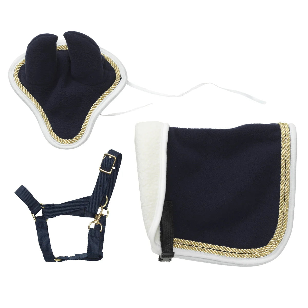 PANDURO HOBBY HORSE PARADEDECKE MIT HALFTER UND FLIEGENMÜTZE - SCHWARZ/GOLD