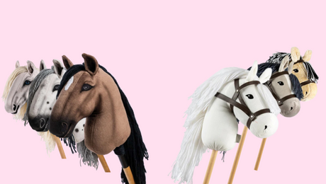 hobby horses im Stall. 5 Hobby Horses zu sehen, vorne ist ein schwarzes hobby horse, dahinter ein braunes hobby horse