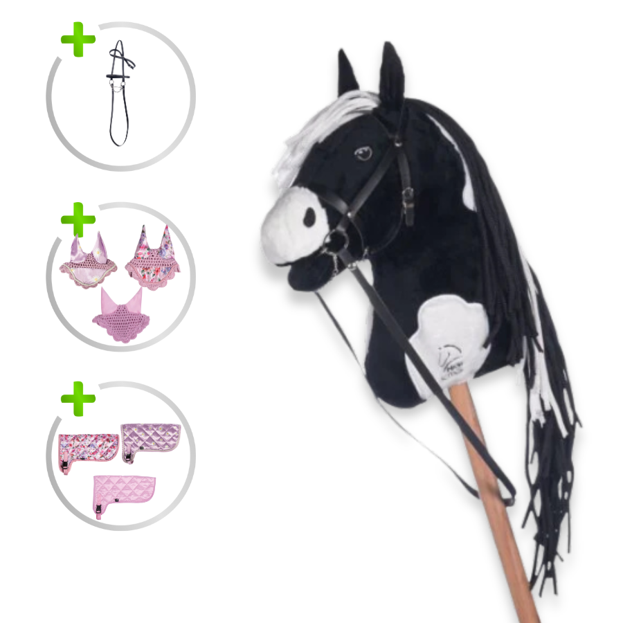 HKM Hobby Horse Bundle - Pferd Schwarz-Weiß, Decke + Fliegenhaube