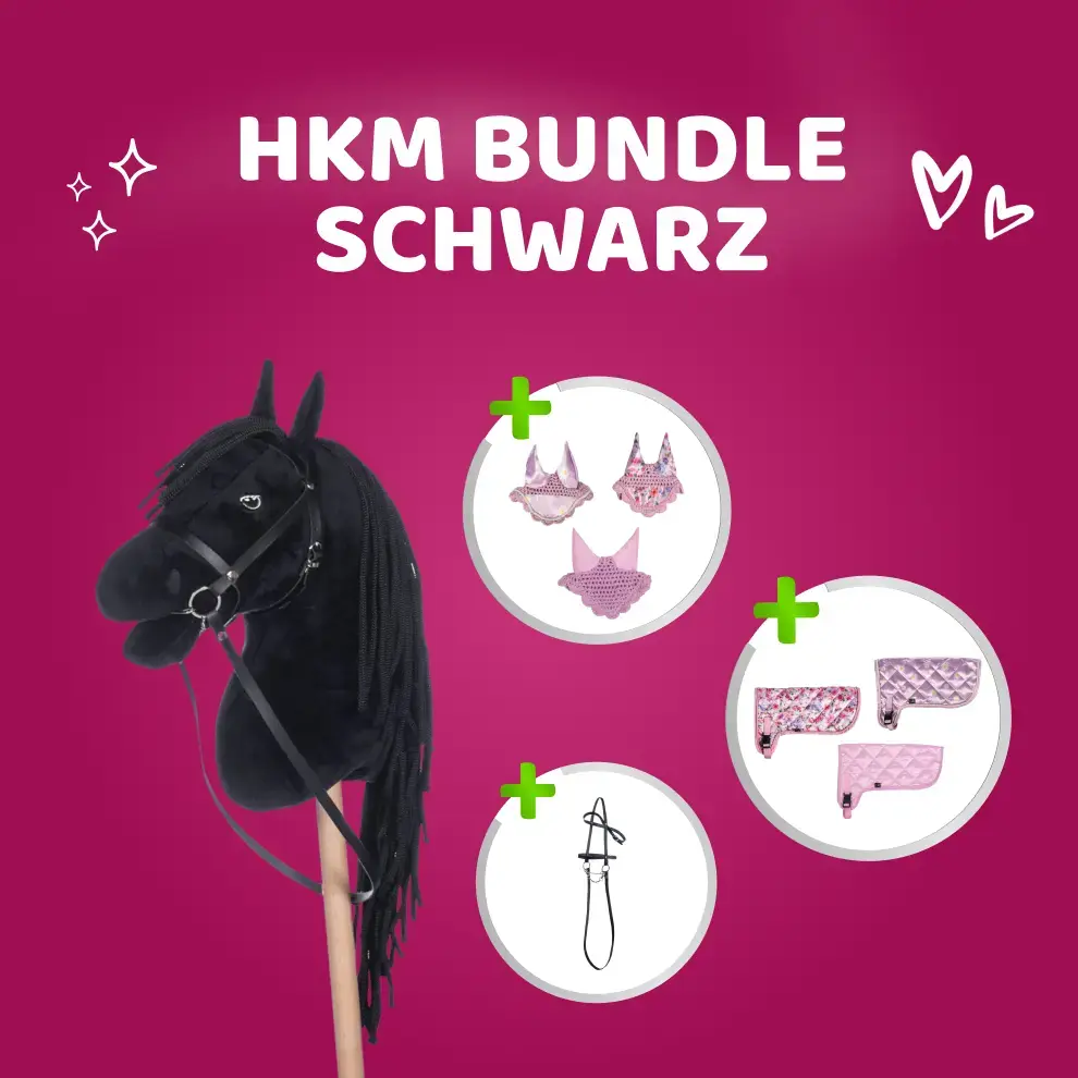 HKM Hobby Horse Bundle - Pferd Schwarz, Decke + Fliegenhaube