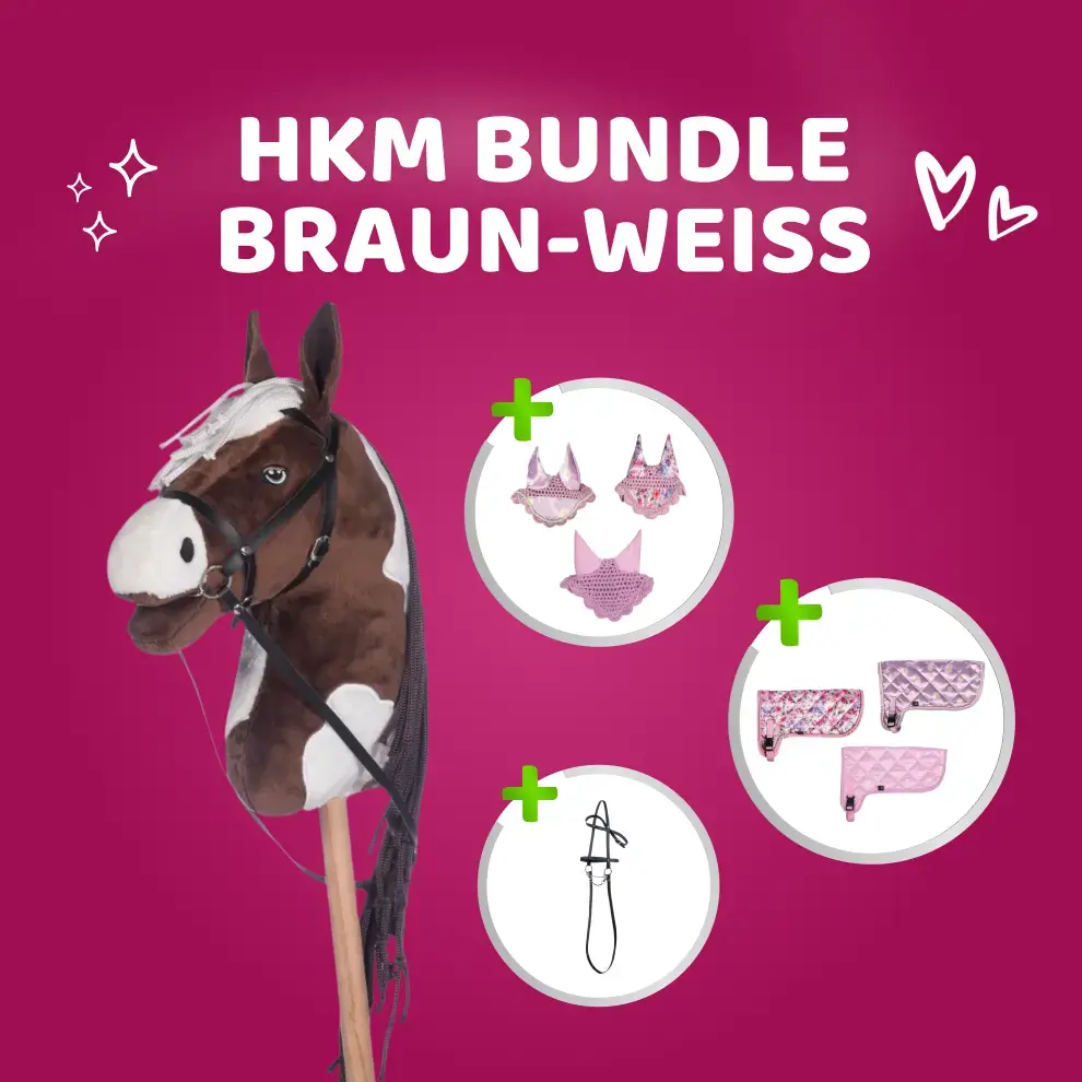 HKM Hobby Horse Bundle - Pferd Braun-Weiß, Decke + Fliegenhaube