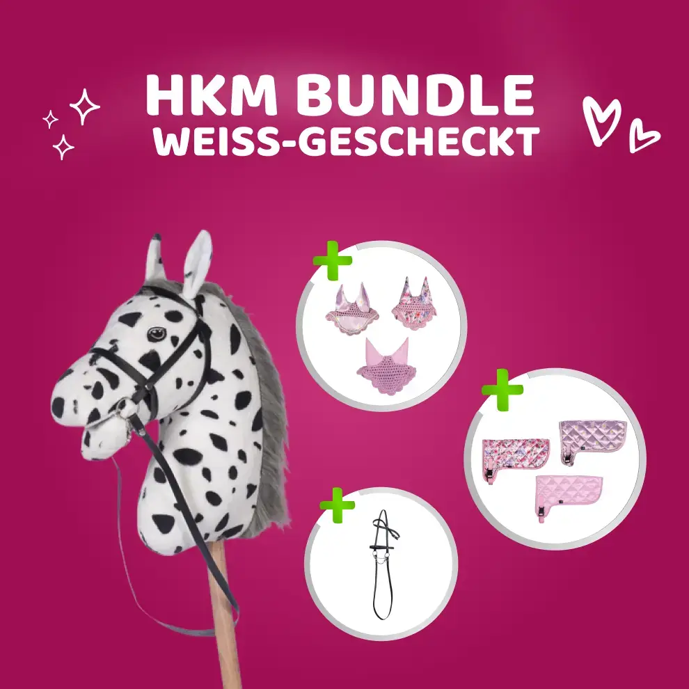 HKM Hobby Horse Bundle - Pferd Weiß gescheckt, Decke + Fliegenhaube