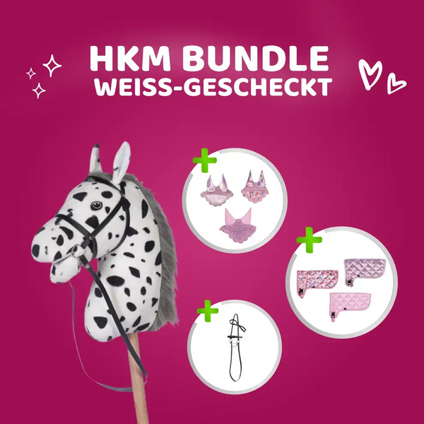 HKM Hobby Horse Bundle - Pferd Weiß gescheckt, Decke + Fliegenhaube