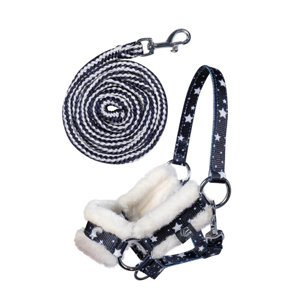 HKM Hobby Horse Halfter und Strick – Navy mit Sternenmuster