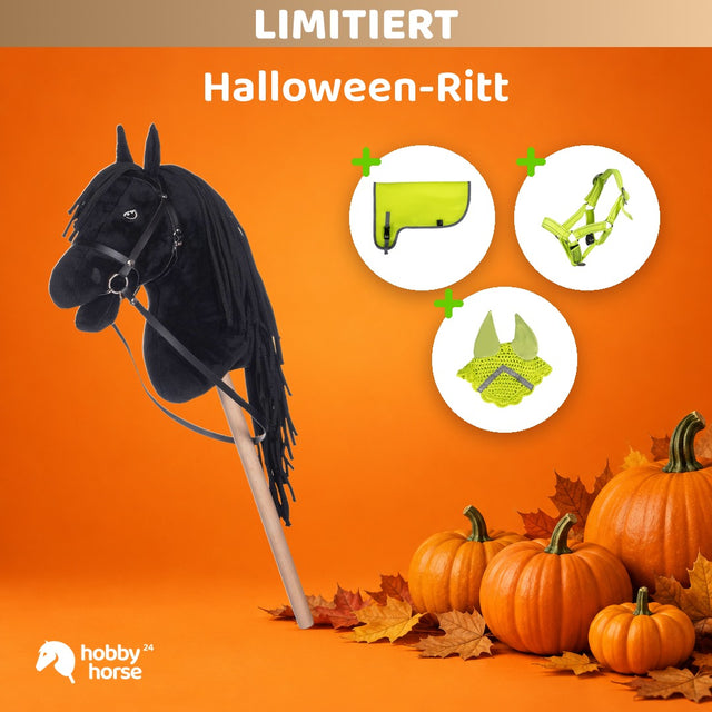 Halloween-Ritt: HKM Hobby Horse mit Decke, Halfter und Fliegenhaube Reflective