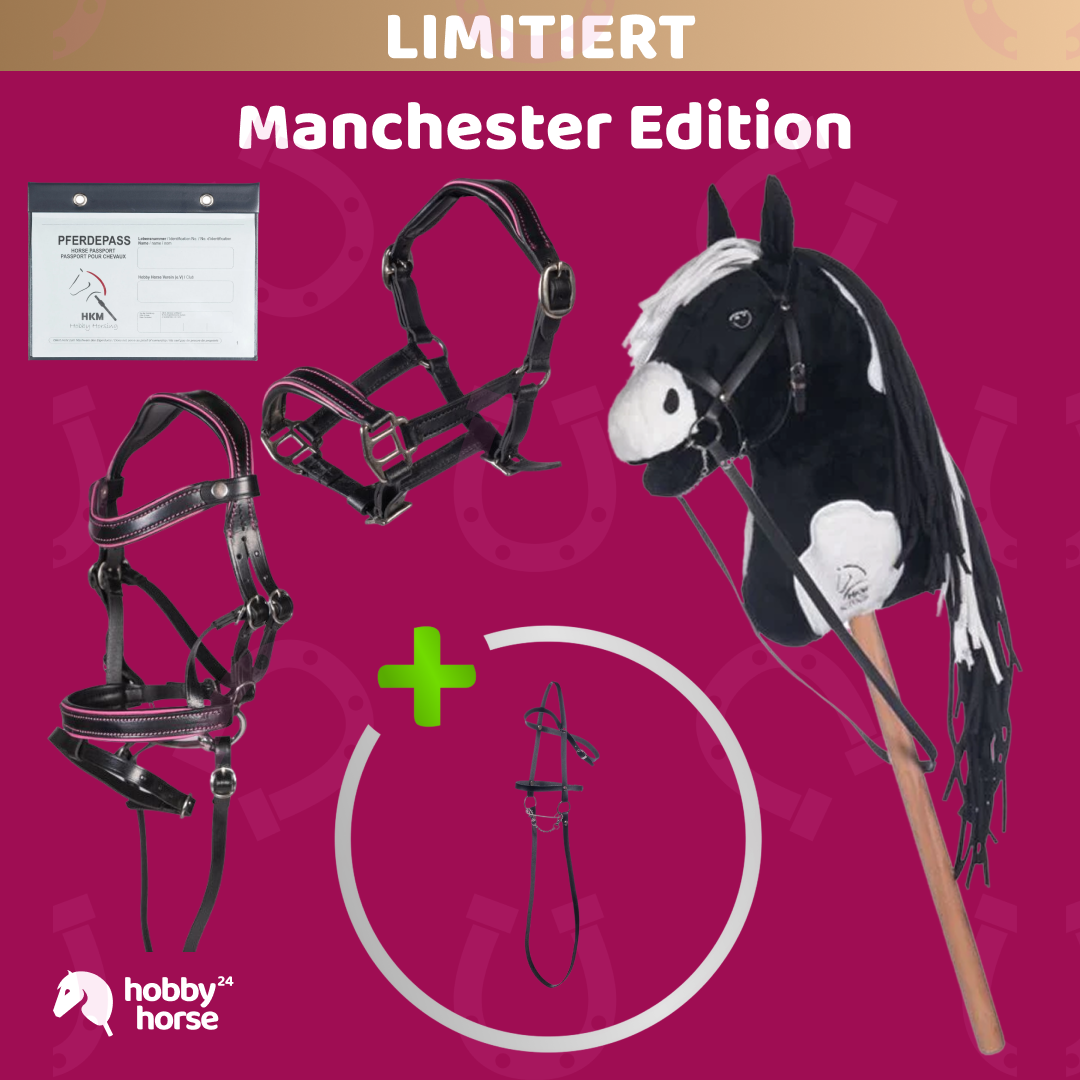 Manchester Edition – Hobby Horse Schwarz-Weiß mit Ledertrense und Lederhalfter