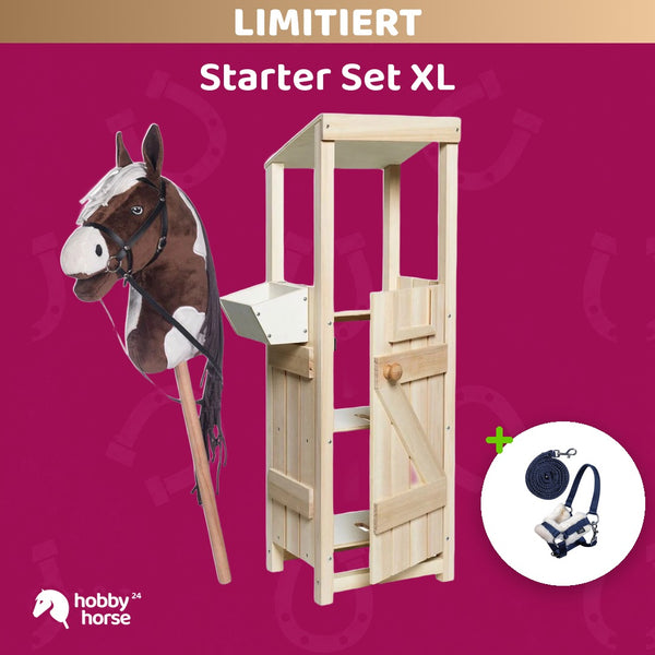 Starter Set XL: Stall zum Selbstbemalen mit HKM Hobby Horse Braun-Weiß und Halfter
