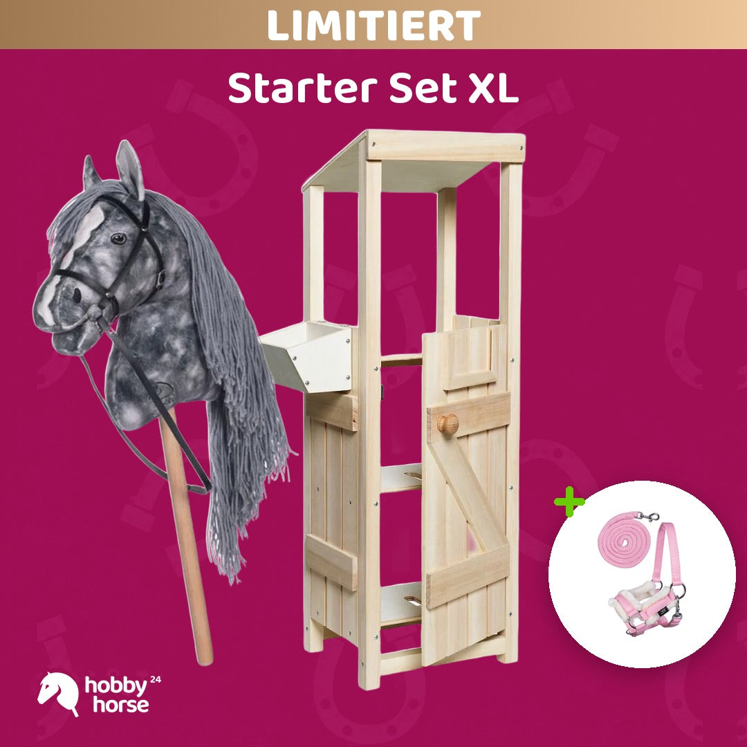 Starter Set XL: Hobby Horse Stall zum Selbstbemalen mit HKM Hobby Horse Grau und Halfter