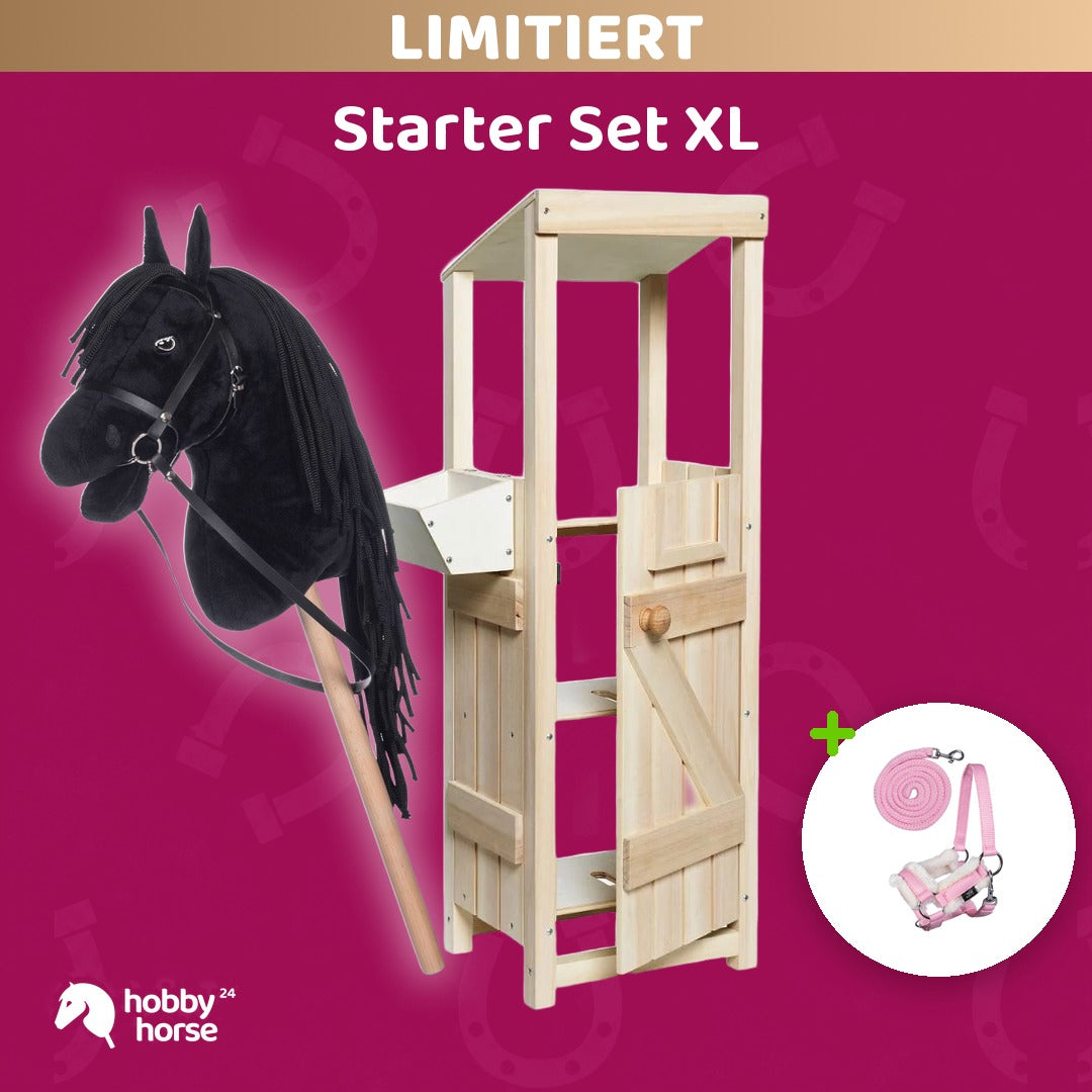 Starter Set XL: Hobby Horse Stall zum Selbstbemalen mit HKM Hobby Horse Schwarz und Halfter