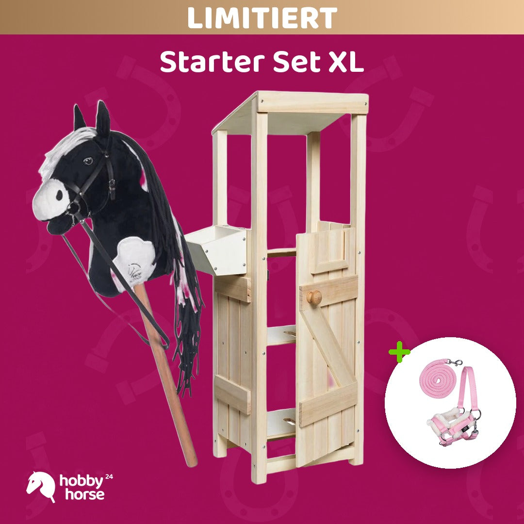 Starter Set XL: Hobby Horse Stall zum Selbstbemalen mit HKM Hobby Horse Schwarz-Weiß und Halfter