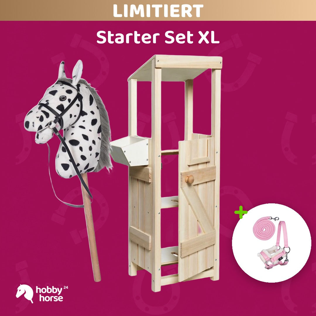 Starter Set XL: Hobby Horse Stall zum Selbstbemalen mit HKM Hobby Horse Weiß gescheckt und Halfter