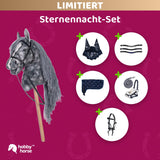 Sternennacht-Set Bundle: HKM Hobby Horse mit Fliegenhaube, Stirnband, Halfter in Navy mit Sternen, Decke Dunkelblau und Trense Schwarz