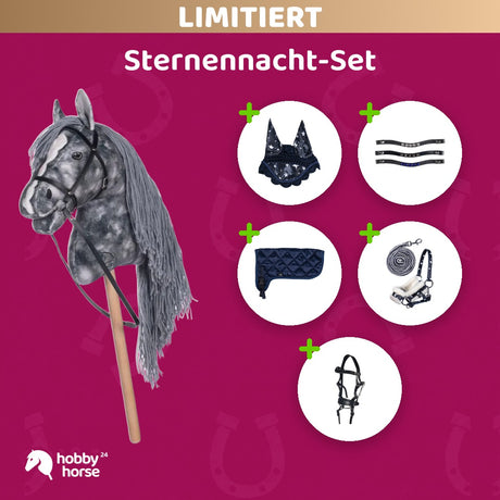 Sternennacht-Set Bundle: HKM Hobby Horse mit Fliegenhaube, Stirnband, Halfter in Navy mit Sternen, Decke Dunkelblau und Trense Schwarz
